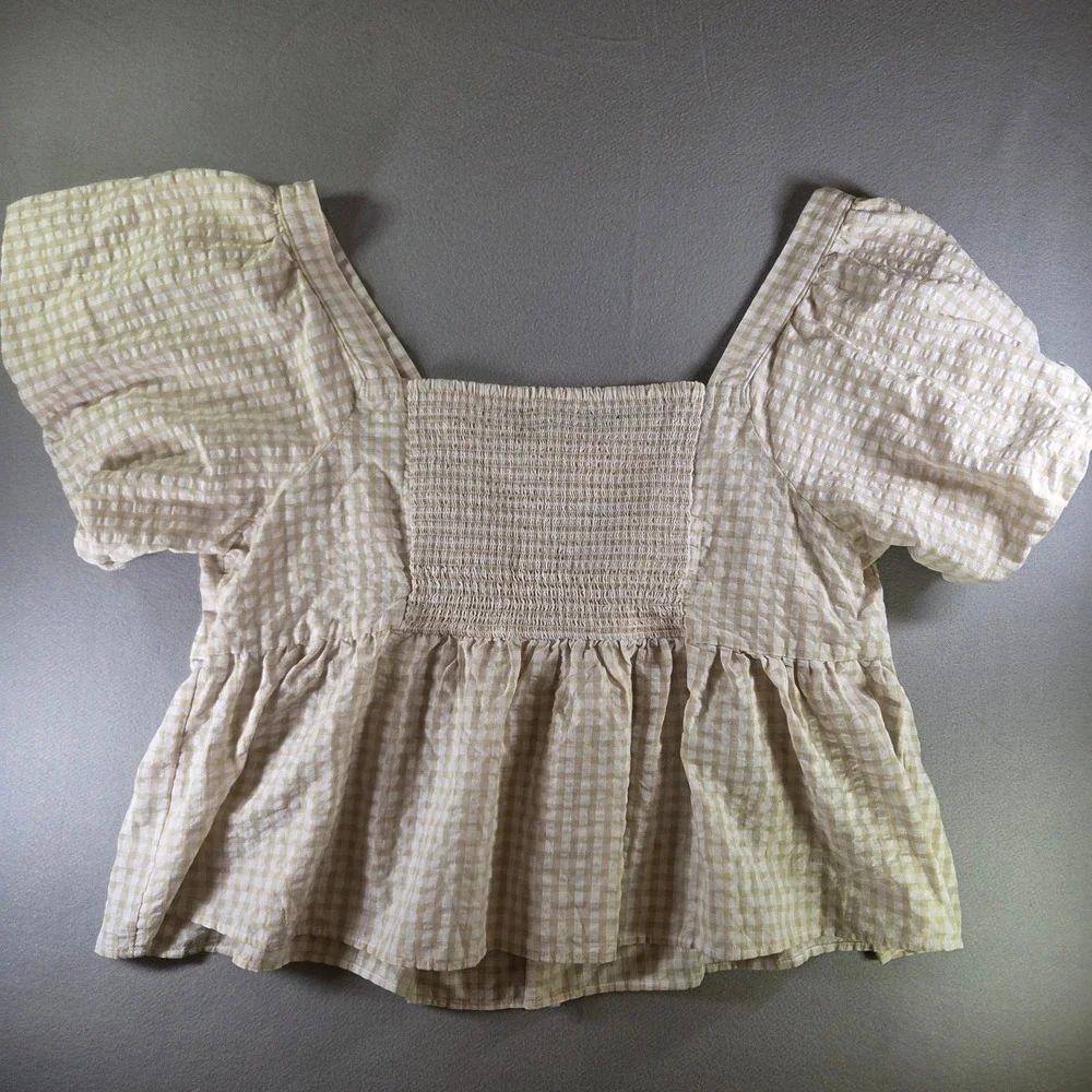 Old Navy Plus Size 4X Tan Gingham Puff Sleeve Babydoll Peplum Top Cottagecore